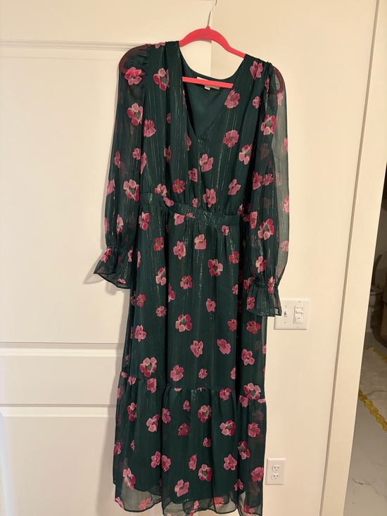 LOFT Dresses & Skirts - LOFT Floral V-Neck Long Sleeve Maxi Dress in Green with Pink Flowers